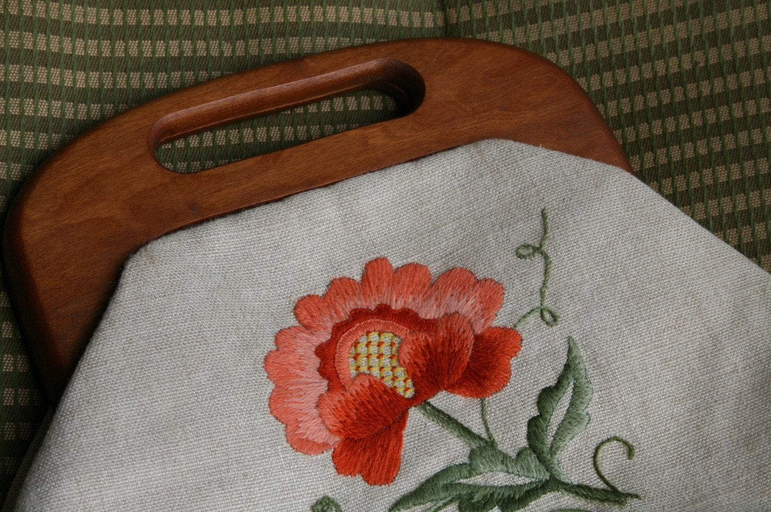 vintage embroidered hand held purse wooden handle