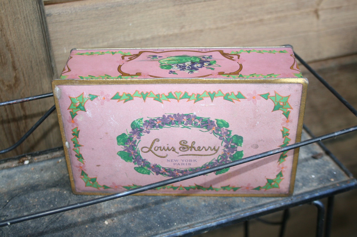 vintage lavender Candy box metal tin storage Louis sherry New