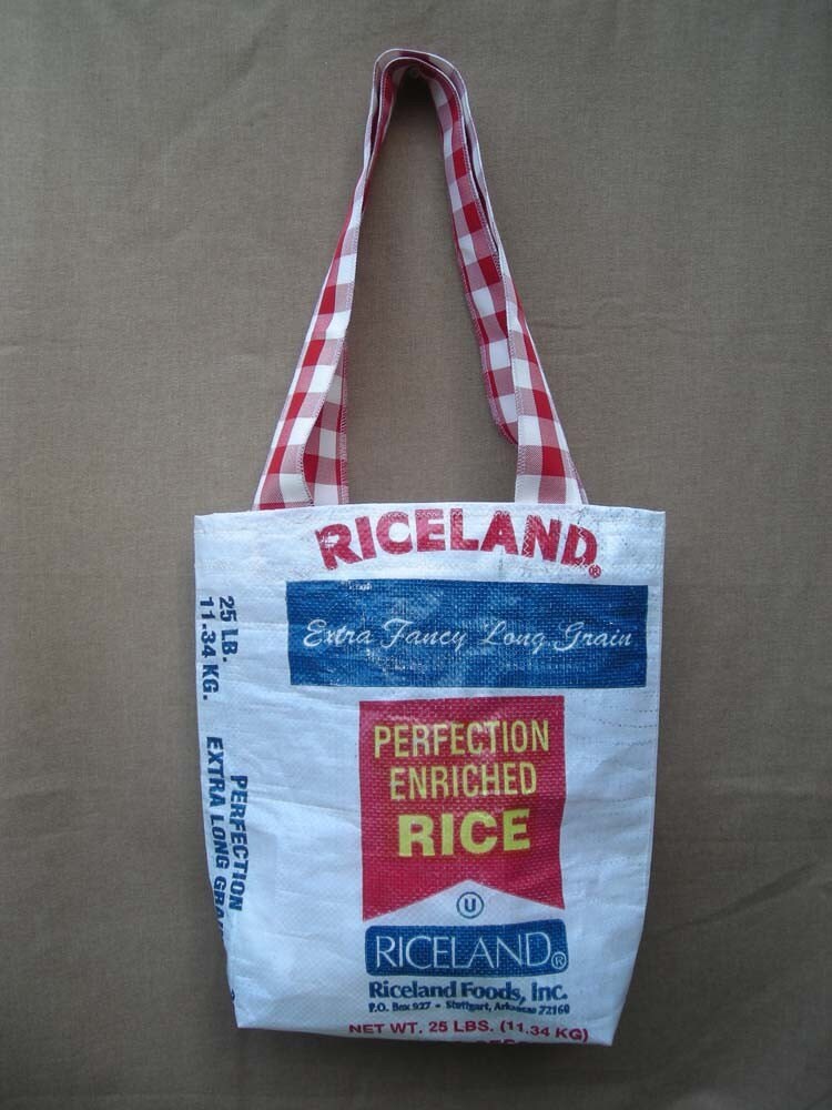 Recycled Rice Bag Tote with Red Checkered HandlesRiceland