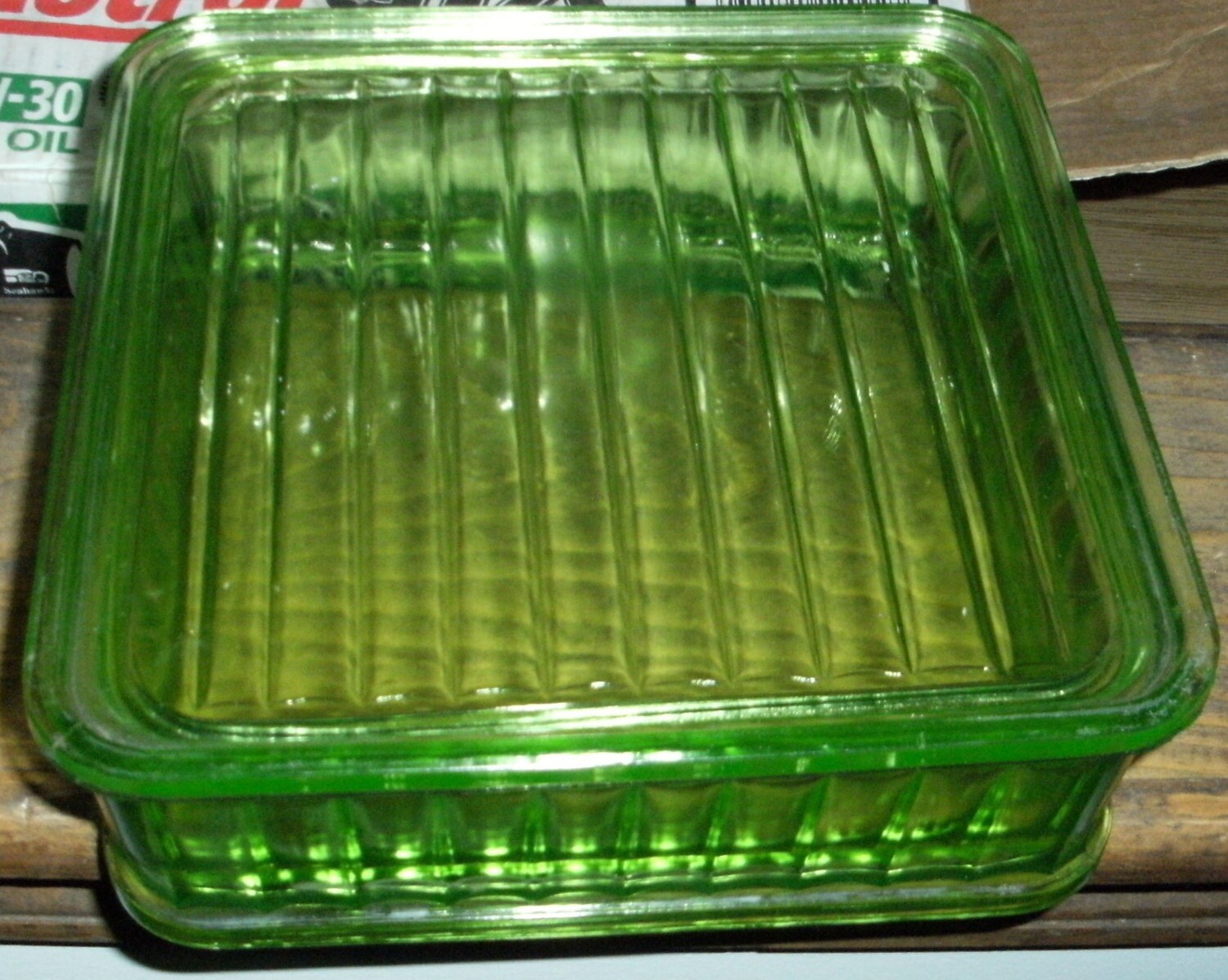 Green Depression Glass Covered Refrigerator Dish