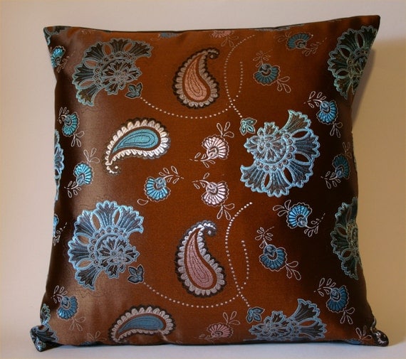 Items similar to Brown Throw Pillow Cover with Turquoise and Pink Paisleys and Flowers ...