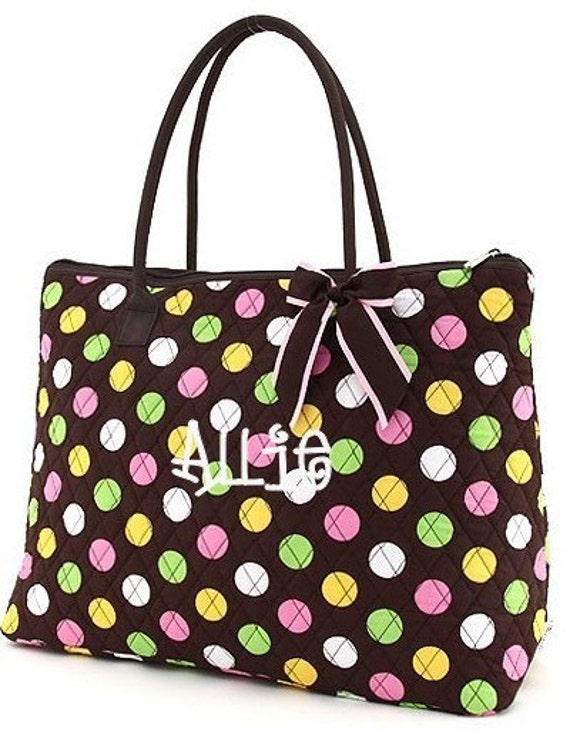 Quilted Polka Dots OVERNIGHT Tote Bag - Brown with Colored Dots with ...