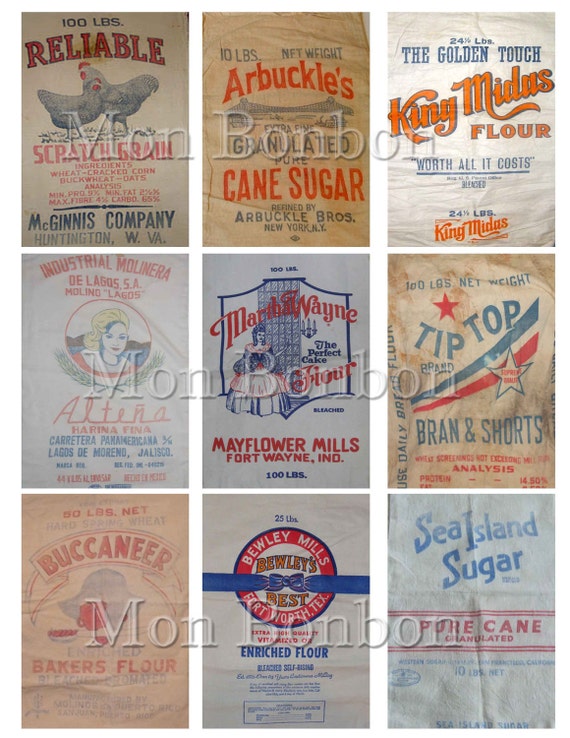 Vintage Flour Sugar and Feed Sack Digital Collage Sheet DIY
