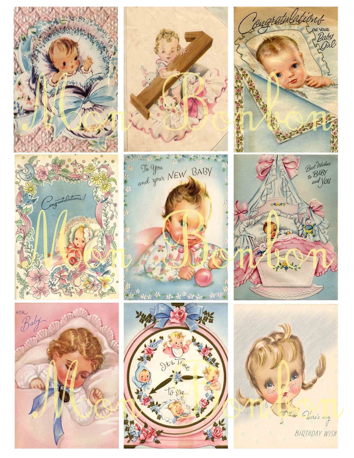 Vintage Retro Shabby Chic Baby Greeting Cards Collage Sheet