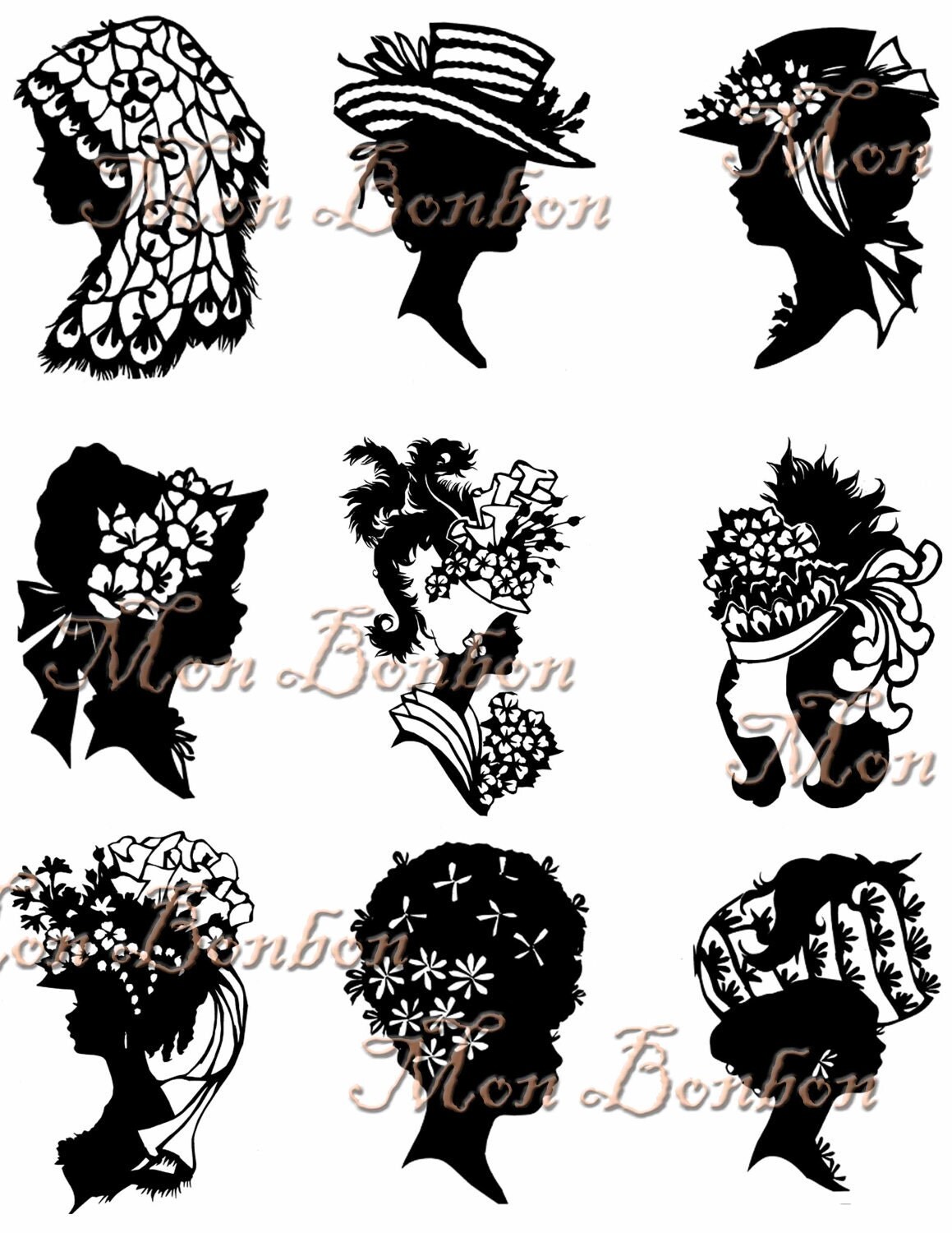 Digital Download Vintage Silhouettes of Ladies with Hats no.2
