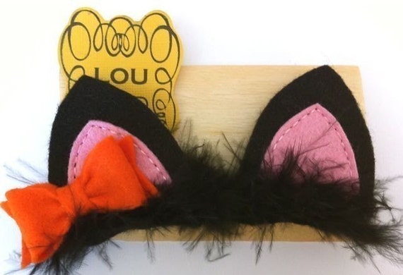 Kitty cat ear clips with faux fur and wool felt