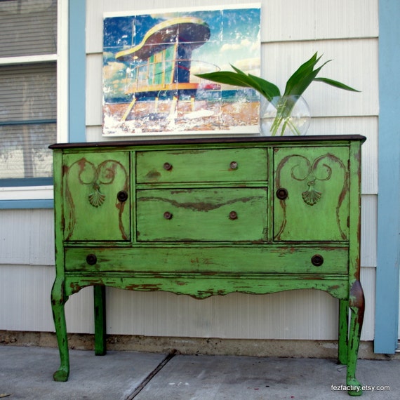 Curvy green distresed antique sideboard