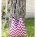 Chevron Tote Handbag - Purple and Grayish Tan Linen Chevron Print Bag With Faux Leather Shoulder Straps