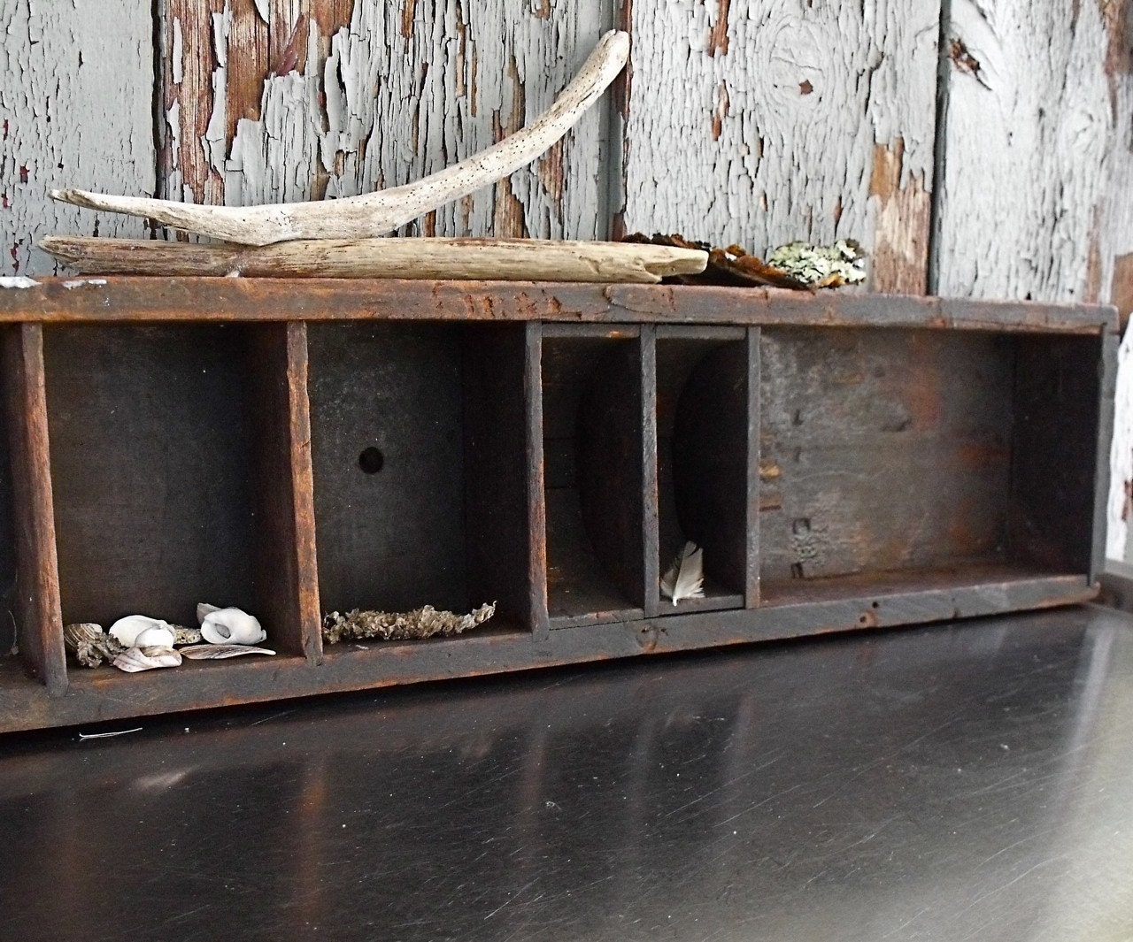 Antique Wood Long Cubby Shelf