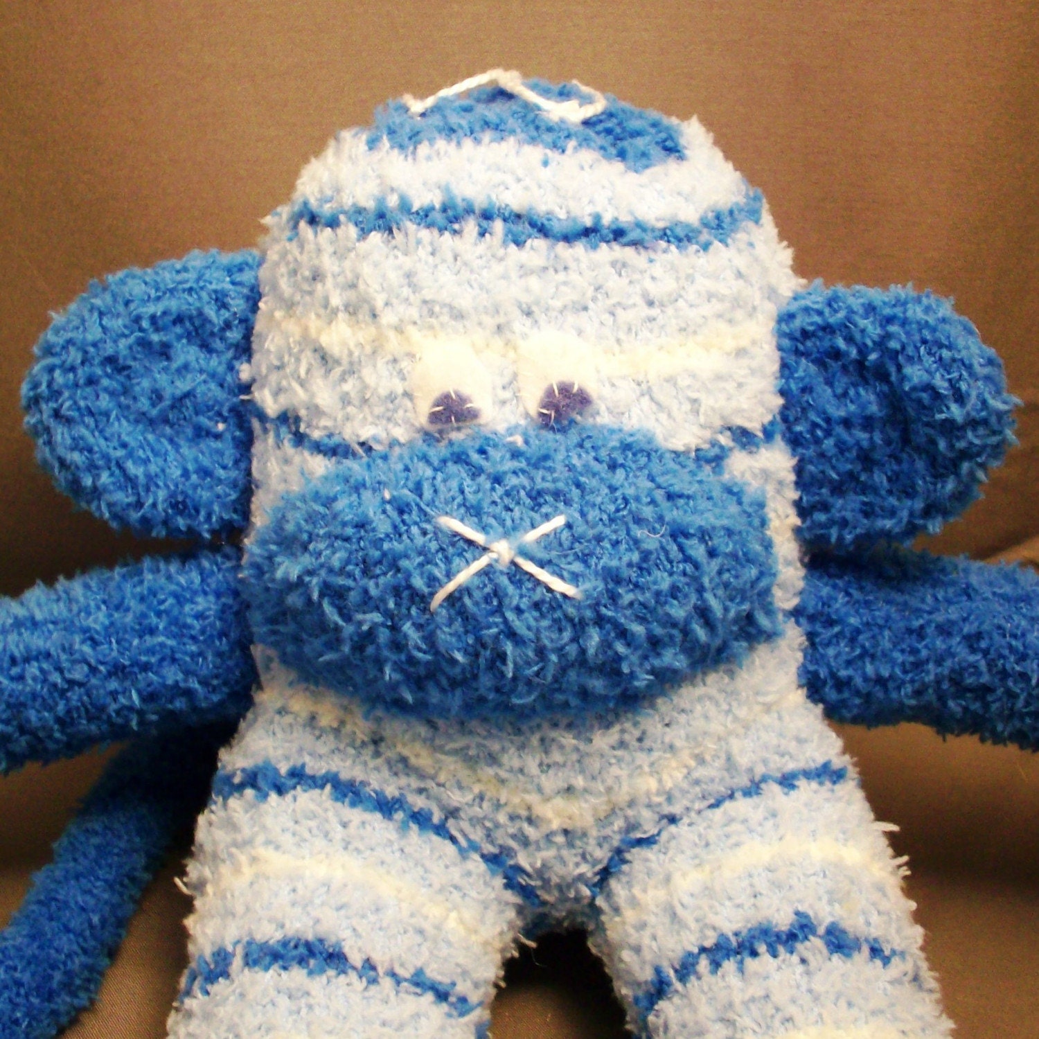 Fuzzy Little Blue Sock Monkey with Stripes by MyMommysPlace
