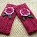 Red Wrist Warmers Fingerless Gloves with Red Pink Flowers and Leaves