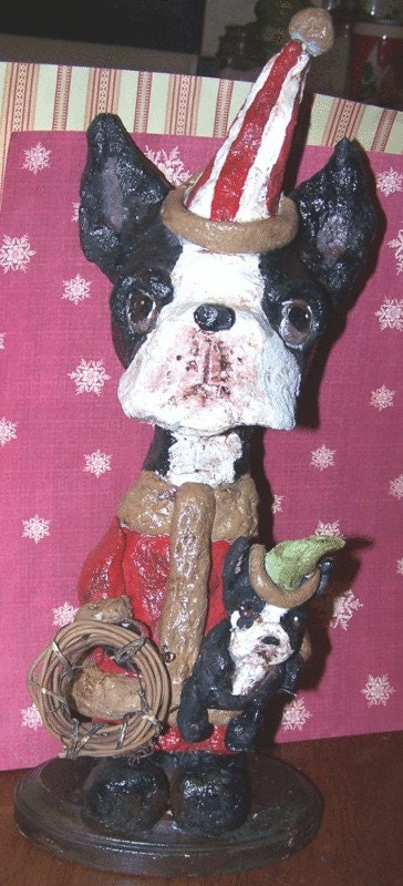 Folk Art Vintage Boston Terrier Dog Santa Paper Mache OOak