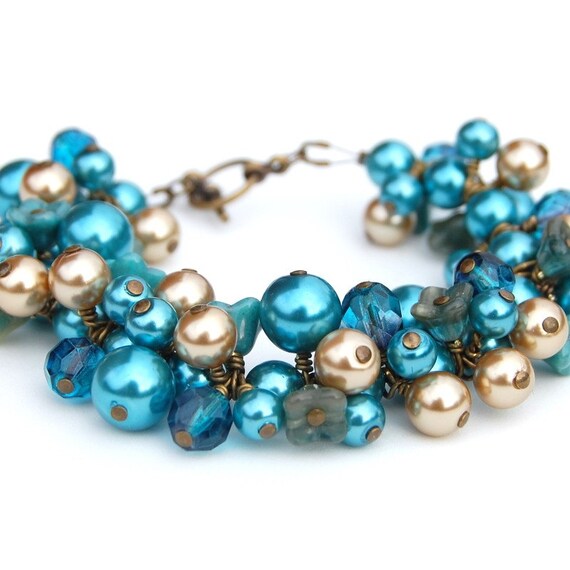 Items similar to Turquoise and Gold Floral and Pearl Cluster Bracelet ...