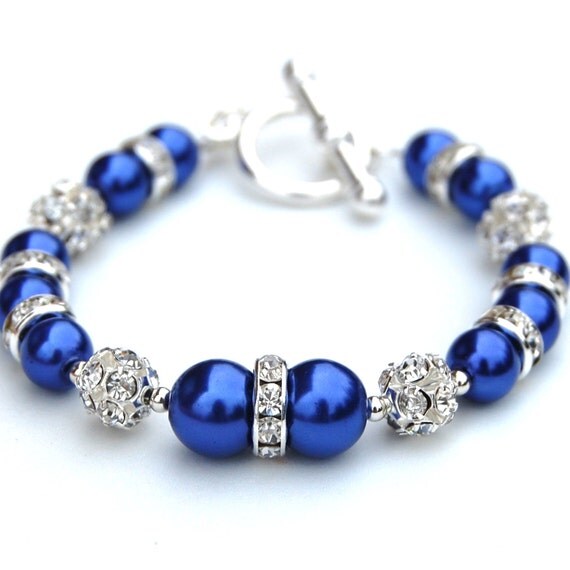 Sparkling Cobalt Blue Pearl Bracelet Bling Jewelry by AMIdesigns