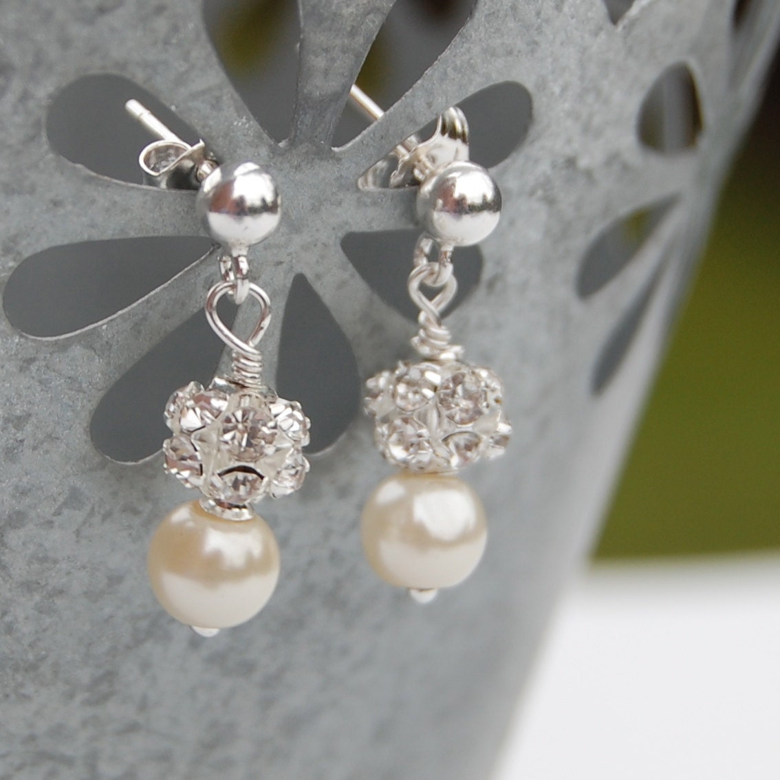 Ivory Pearl Rhinestone Wedding Earrings Bridal Jewelry