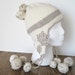 Thistle Pod PomPom Trapper Hat - Hand Knit in Natural White Wool and Linen