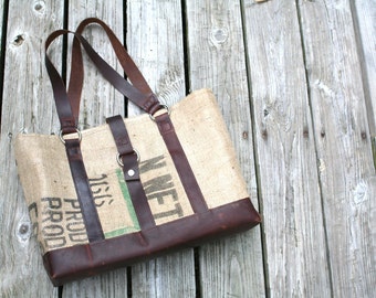 NEW FABRIC CHOICES! Large Upcycled / Recycled Material & Leather Tote. Canvas interior. Design: Caffe Americano