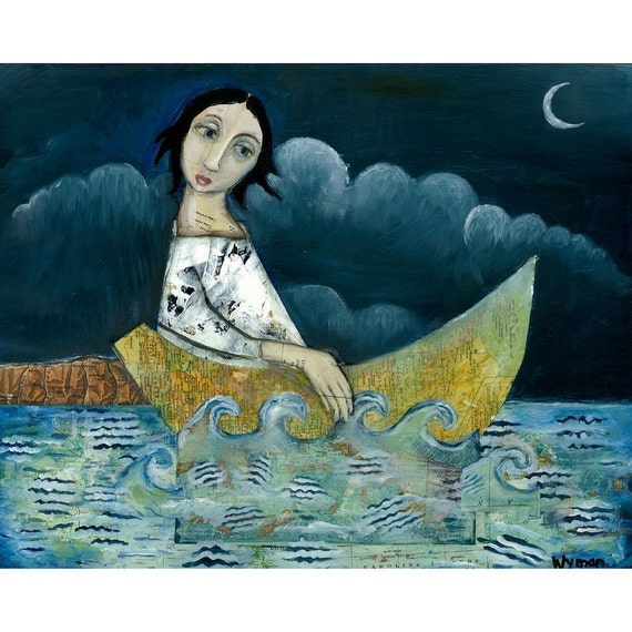 Wood Mount Print Modern Folk Art Moon Map