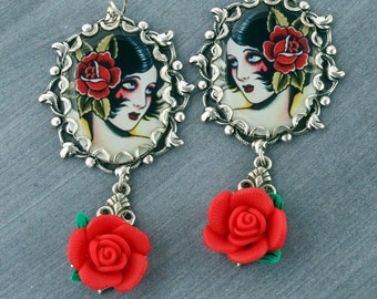 ... Gothic Earrings Red Rose Silver Filigree Old School Tattoo Flash