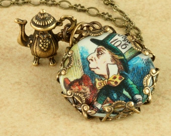 Mad Hatter Necklace Alice In Wonderland Necklace Teapot Necklace Brass Filigree Necklace Vintage Victorian Altered Art