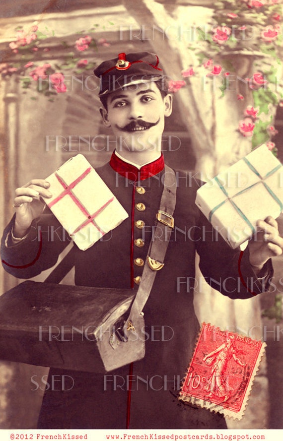 Instant Download French MAILMAN delivering Christmas Gifts Antique 1907 Victorian Postcard DIGITAL Scan