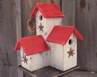 Primitive Country Condo Birdhouse White and Red Three Nesting Boxes