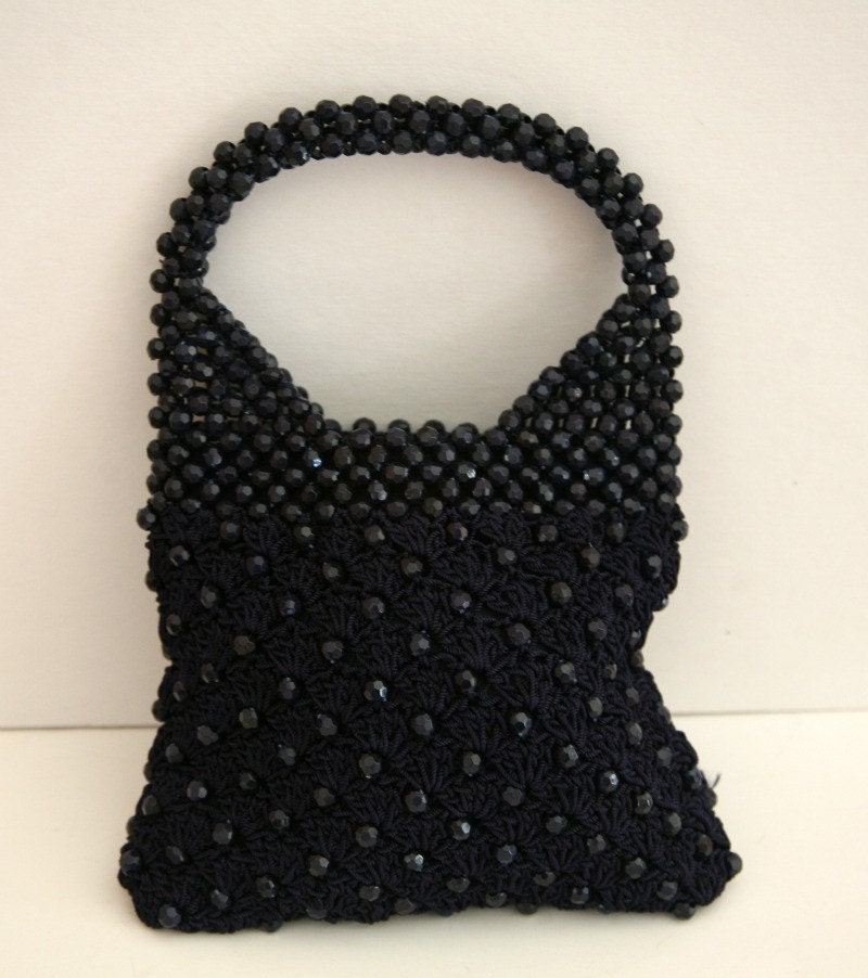 Navy Blue Crocheted and Beaded Evening Bag by KarendasKloset