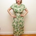 40s Rayon Printed dress with green abstract pattern and peplum M/L