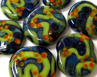 SMAUGGS handmade lampwork beads (7p, 17-20mm x 5-6mm), glass, blue, green, orange, hole 2mm, SRA