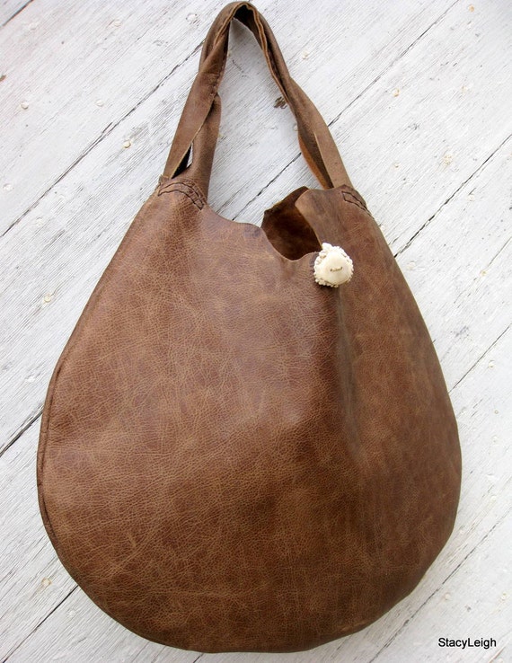 Distressed Medium Brown Leather Bag with Deer Antler Button by