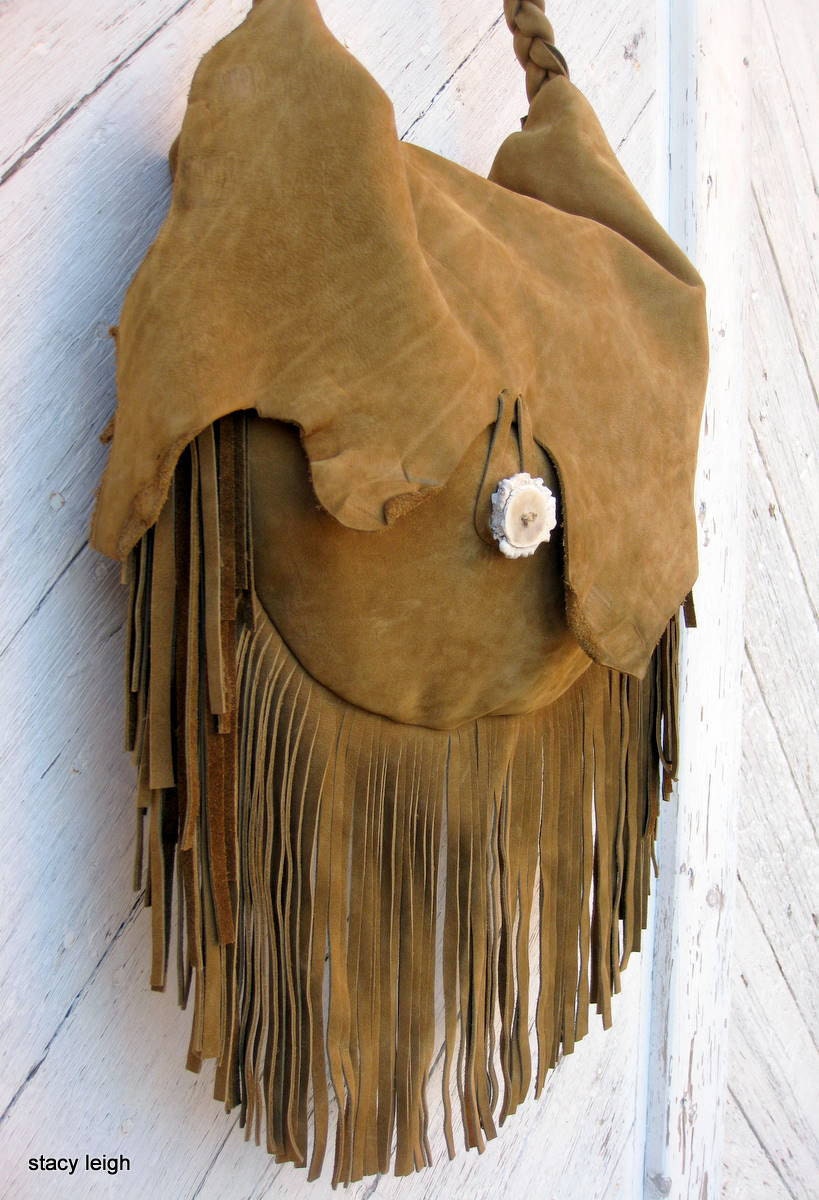Rustic Leather Long Fringe Bag in Mustard Brown by Stacy Leigh