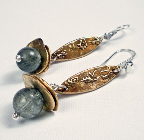 Bronze Dangle Earrings Handmade Bronze and Gemstone by FebraRose