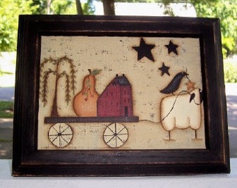 Primitive 5 x 7 Canvas Saltbox House-Sheep-Pear-Crow-Stars-Framed Art