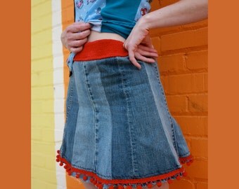 Items similar to Diva Twist Strip Pieced Jean Mini Skirt - Short ...