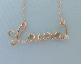 Custom Name Necklace, name necklace with Crystal, 14K Gold filled, Wire name necklace, personalized custom name necklace, Wire Jewelry