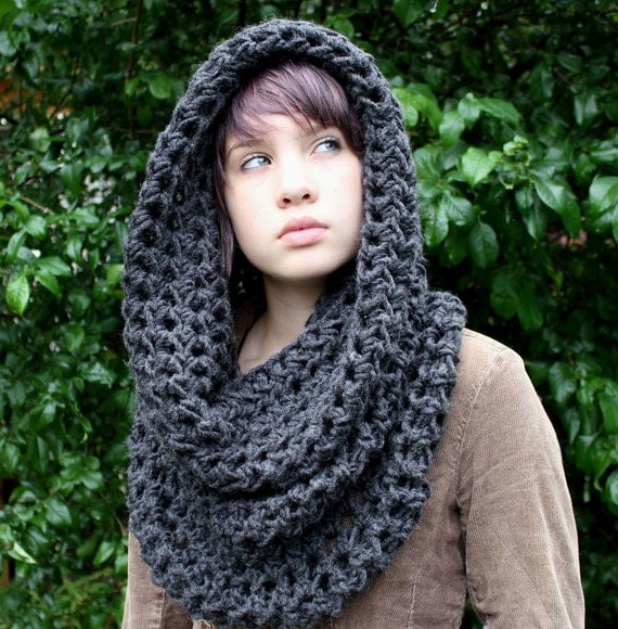 Items similar to Chunky cowl neck shawl hood scarf charcoal black ...