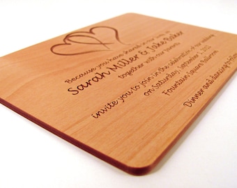 Engraved Wooden Wedding Invitation - Real Wood Invitation - Double Heart Design Joined Heart Design