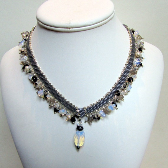 Items similar to Silver Statement Necklace with Gemstones, beaded ...