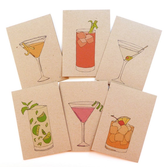 Cocktail Recipe Cards / set of 6 / cocktail cards / recipe on