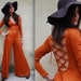 Vintage 70s Boogie Nights Orange Disco Open Back Flared Bell Bottom Palazzo Pants Jumpsuit