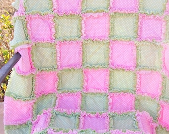 Simply dots Green and Pink Baby girl rag quilt blanket