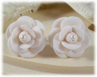 White Camellia Pearl Earrings Stud or Clip On - Camellia Jewelry Collection