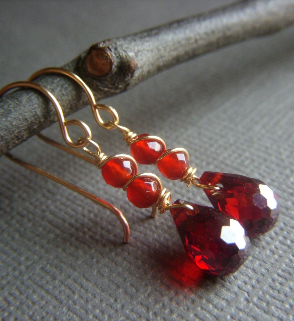 Red Cubic Zirconia Earrings on Goldfill . Wirewrapped Gemstone