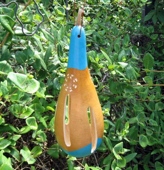 Gourd Butterfly House Painted Turquoise Blue Carved