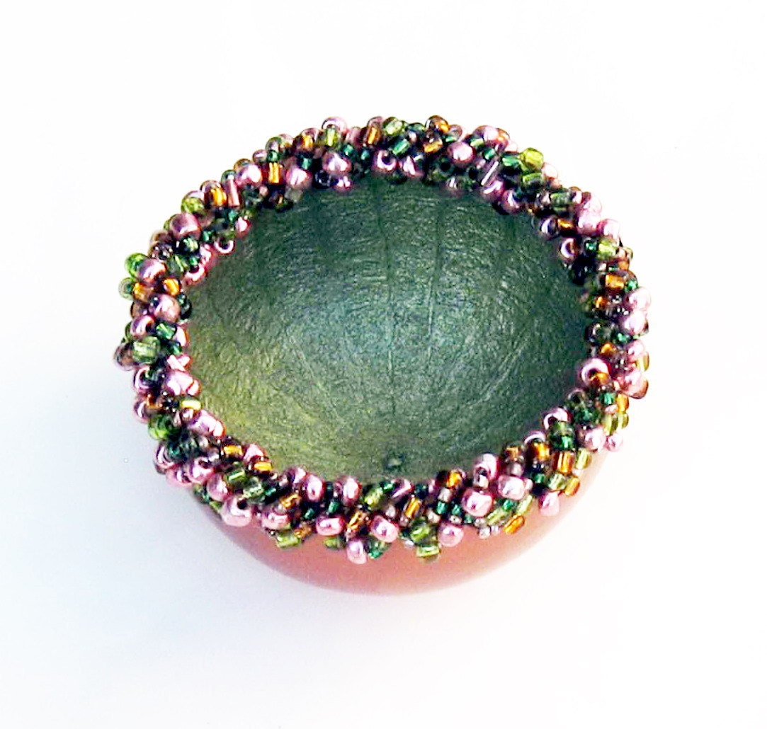 Beaded Gourd Basket Bowl Copper Moss Green with Sparkling