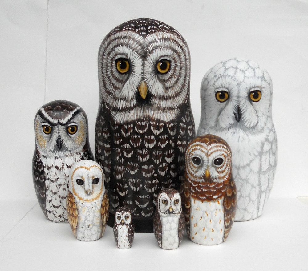 Owl Nesting Dolls Large set of 7 Woodland Phantoms