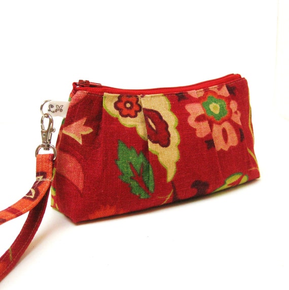 Wristlet Clutch Purse Rectangular Red Pink Yellow Flowers on