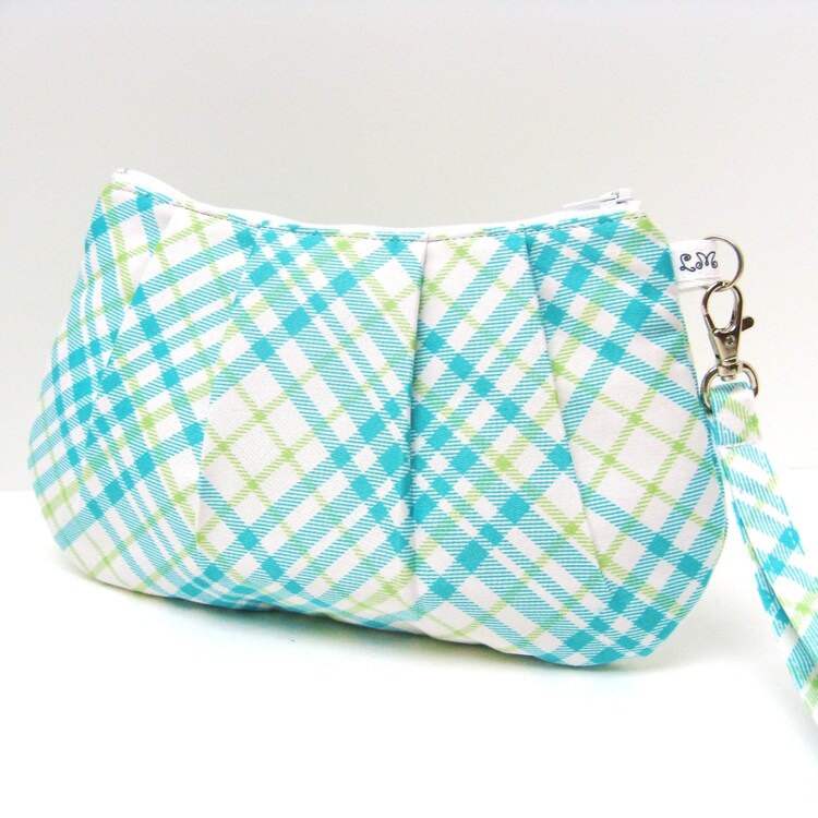 Clutch Purse Pleated Wristlet Blue Green White Plaid by LMcreation