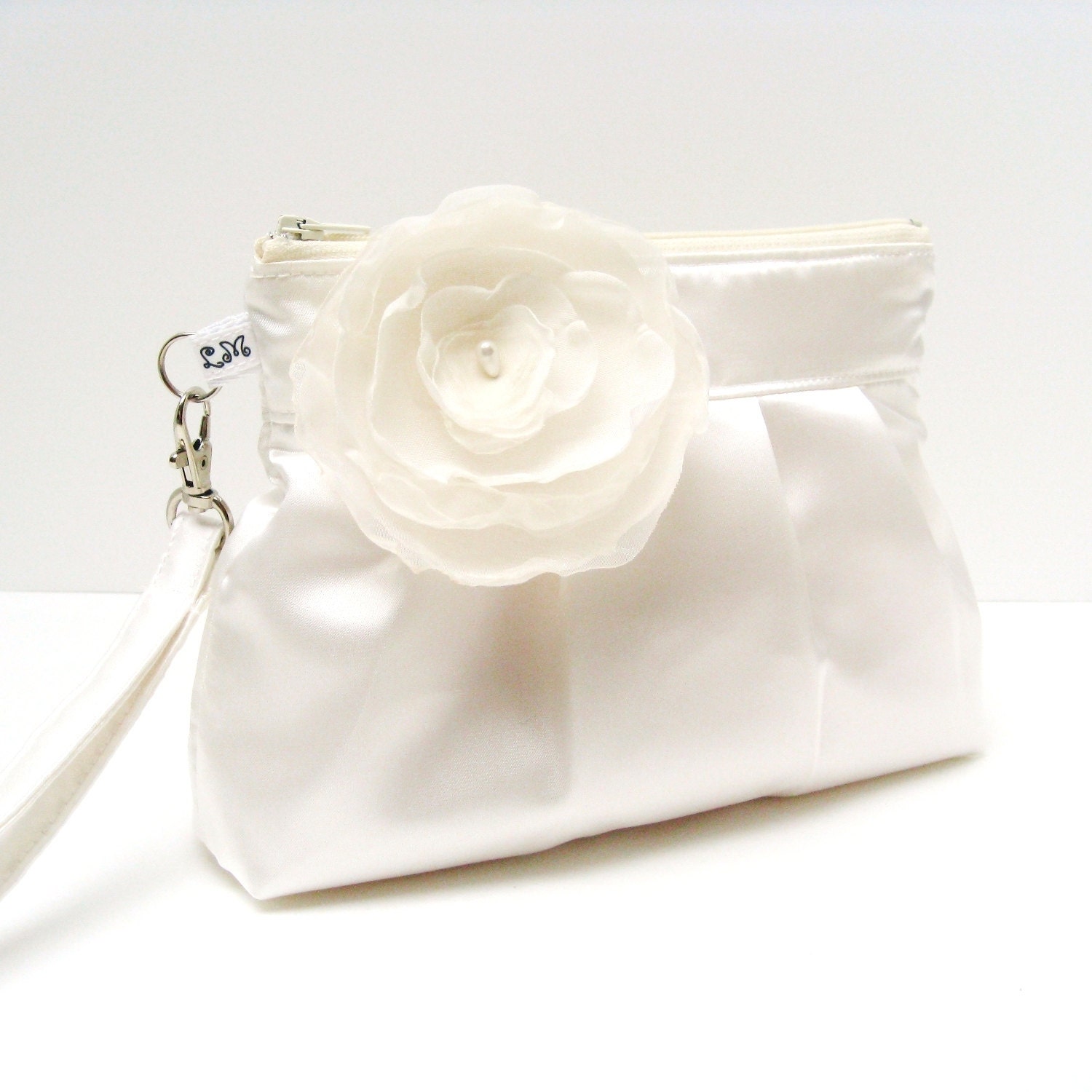 Wedding Clutch Purse Zippered Wristlet White Satin with Flower