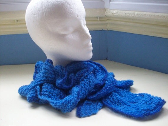 Hand Knit Blue Ruffle Spiral Scarf by SpinningStreak on Etsy